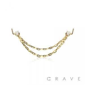 CZ L Shape Nose Rings w/Double Chain-Gold